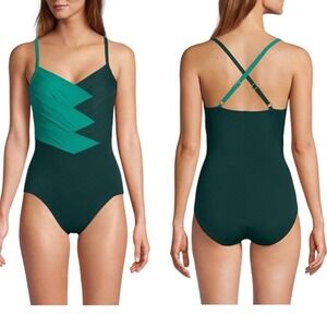 Lands' End Women's Slender Suit Pleated X-back One-Piece Swimsuit Size 18L